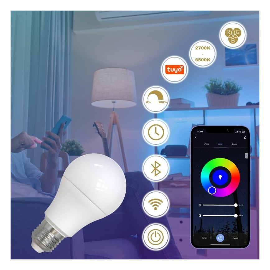 LED RGBW Prigušiva žarulja A60 E27/9W/230V 2700-6500K Wi-Fi Tuya