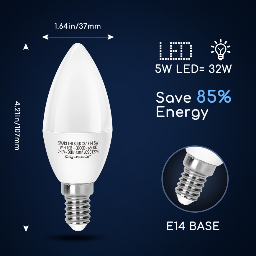 LED RGBW Prigušiva žarulja C37 E14/5W/230V 3000-6500K Wi-Fi - Aigostar