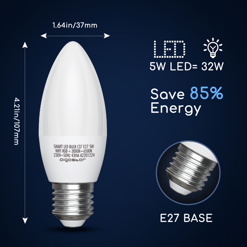 LED RGBW Prigušiva žarulja C37 E27/5W/230V 3000-6500K Wi-Fi - Aigostar