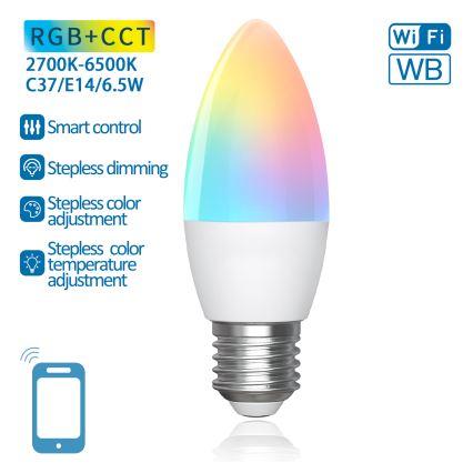 LED RGBW Prigušiva žarulja C37 E27/6,5W/230V 2700-6500K Wi-Fi - Aigostar