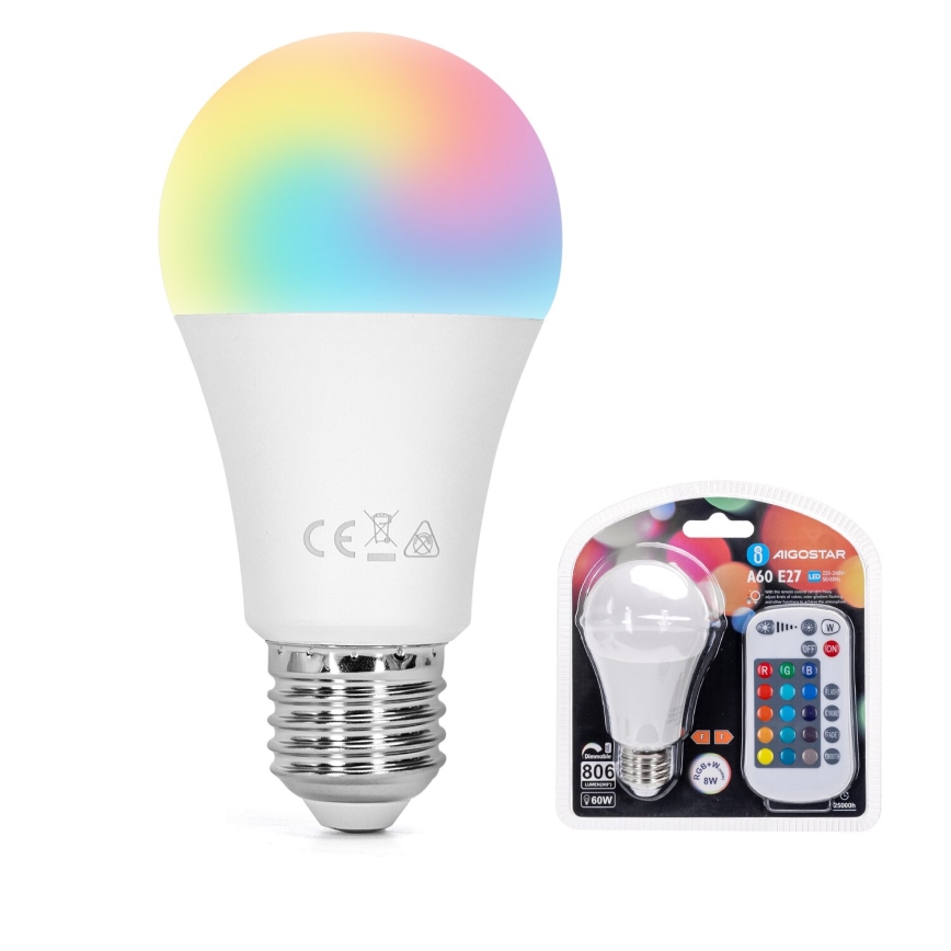 LED RGBW Prigušiva žarulja E27/8W/230V 3000K + daljinski upravljač - Aigostar