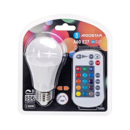 LED RGBW Prigušiva žarulja E27/8W/230V 3000K + daljinski upravljač - Aigostar