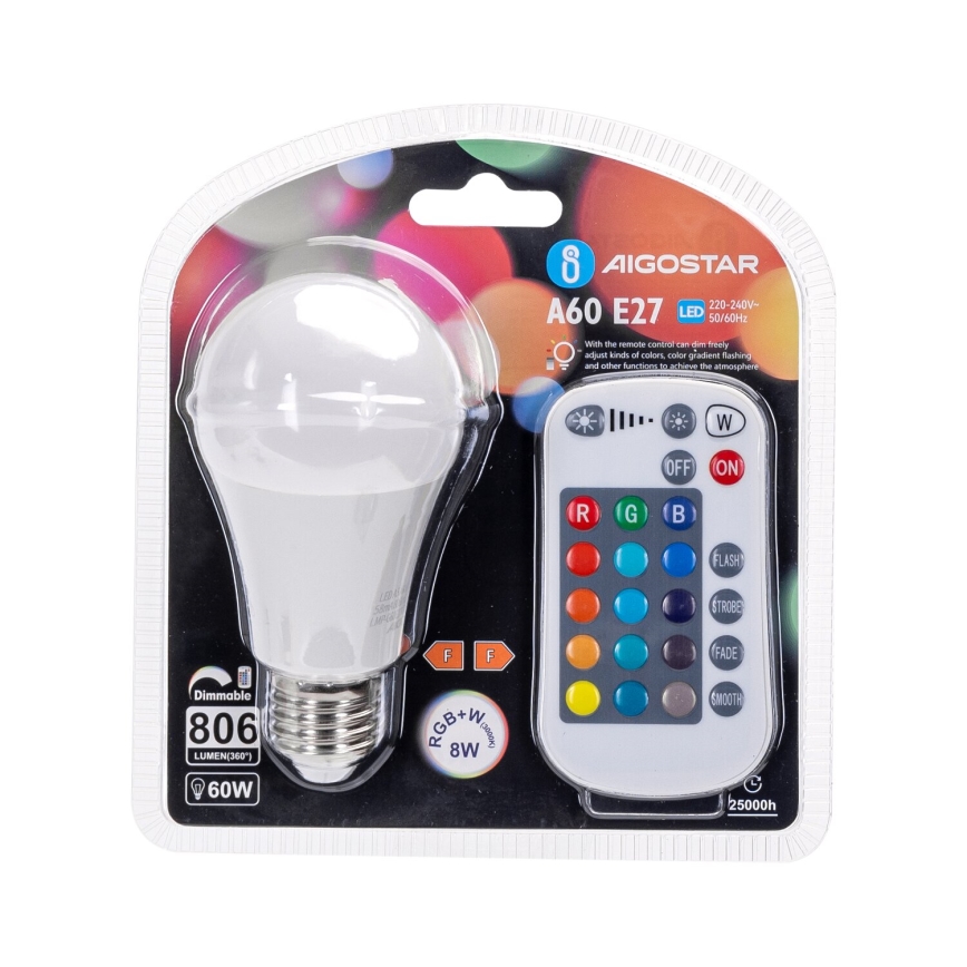 LED RGBW Prigušiva žarulja E27/8W/230V 3000K + daljinski upravljač - Aigostar