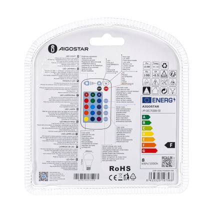LED RGBW Prigušiva žarulja E27/8W/230V 3000K + daljinski upravljač - Aigostar