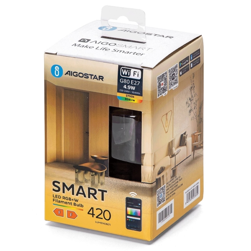 LED RGBW Prigušiva žarulja FILAMENT G80 E27/4,9W/230V 2700K Wi-Fi - Aigostar