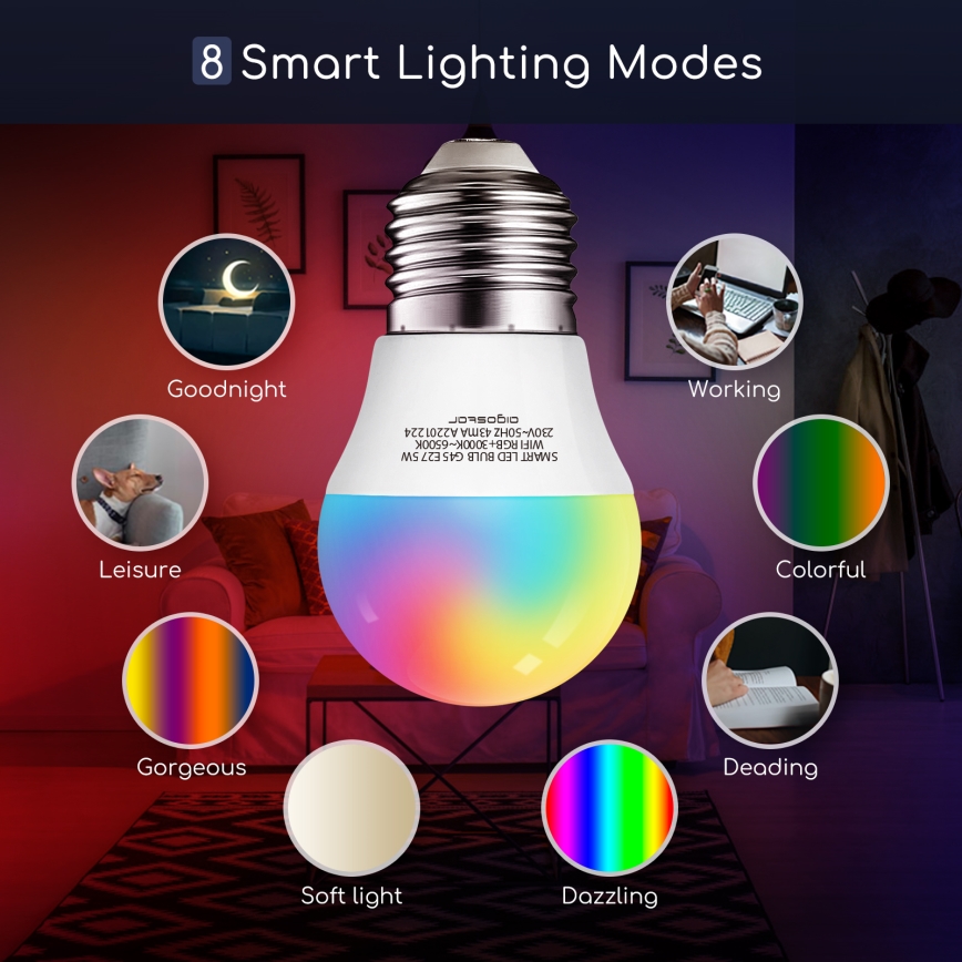 LED RGBW Prigušiva žarulja G45 E27/5W/230V 3000-6500K Wi-Fi - Aigostar