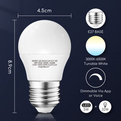 LED RGBW Prigušiva žarulja G45 E27/5W/230V 3000-6500K Wi-Fi - Aigostar
