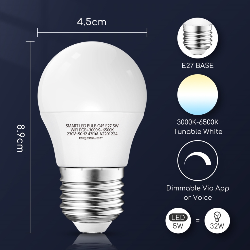 LED RGBW Prigušiva žarulja G45 E27/5W/230V 3000-6500K Wi-Fi - Aigostar