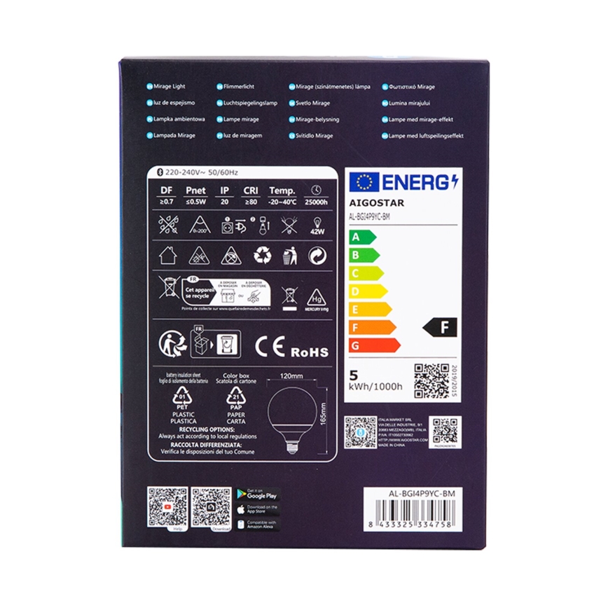 LED RGBW Prigušiva žarulja MESH G120 E27/4,9W/230V 2700-6500K + daljinski upravljač - Aigostar
