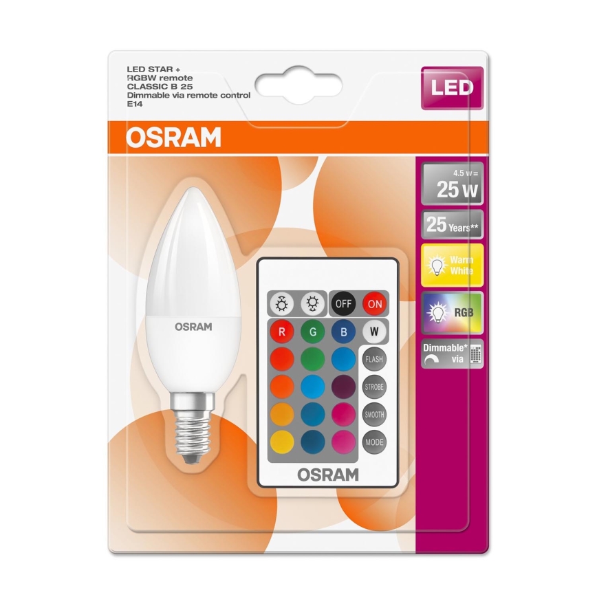 LED RGBW Prigušiva žarulja STAR E14/4,5W/230V 2700K + daljinski upravljač – Osram