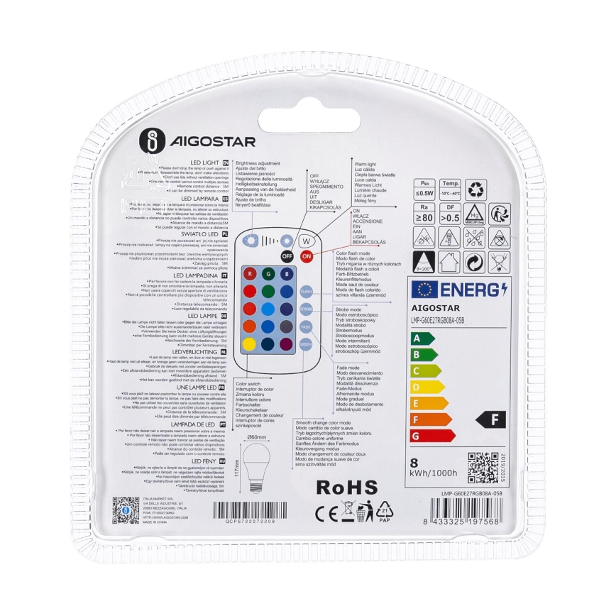 LED RGBW prigušivačka žarulje E27/8W/230V 3000K + daljinski upravljač - Aigostar