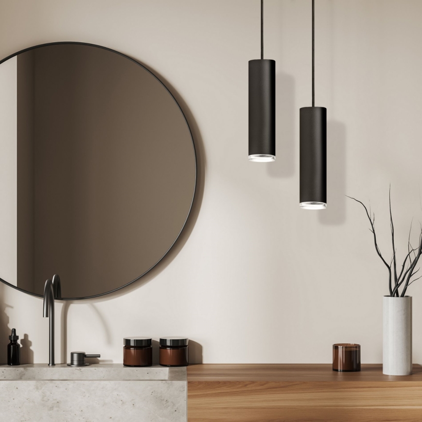 LED RGBW s mogućnošću prigušivanja, kupaonski viseći luster na sajli TURYN 1xGU10/4,8W/230V 3000K IP44 crna + daljinski upravljač