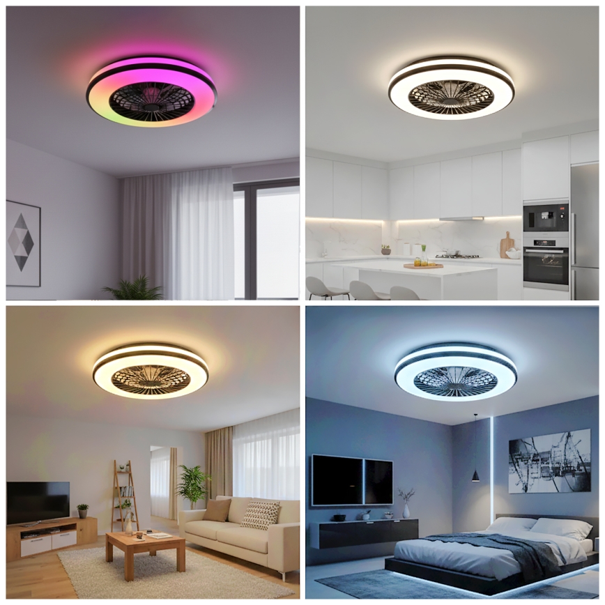 LED RGBW Prigušivo stropno svjetlo s ventilatorom VENTELUX LED/48W/230V 3000/4000/6500K Ø 48,5 cm crna + daljinski upravljač