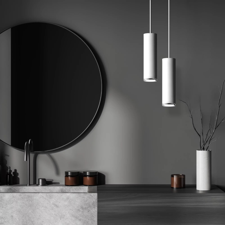 LED RGBW s mogućnošću prigušivanja, kupaonski luster na sajli TURYN 1xGU10/4,8W/230V 3000K IP44 bijela + daljinski upravljač