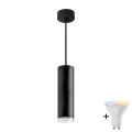 LED RGBW s mogućnošću prigušivanja, kupaonski viseći luster na sajli TURYN 1xGU10/4,8W/230V 3000K IP44 crna + daljinski upravljač