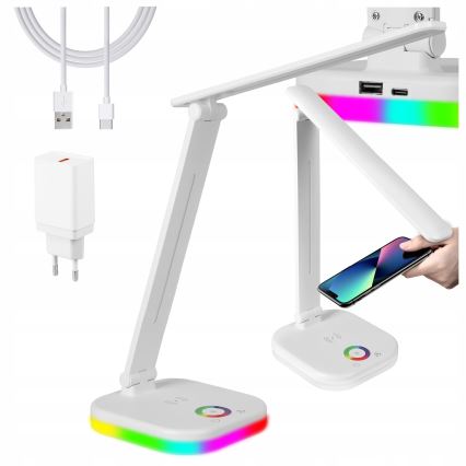 LED RGBW stolna lampa s mogućnošću prigušivanja i bežičnim punjenjem LED/7W/5V USB bijela