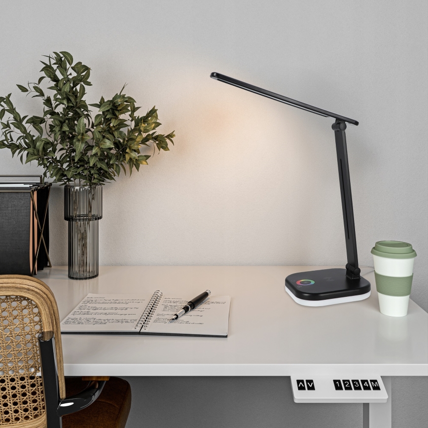 LED RGBW stolna lampa s mogućnošću prigušivanja i bežičnim punjenjem LED/7W/5V USB crna