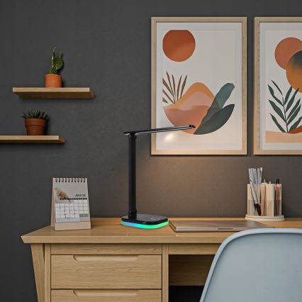 LED RGBW stolna lampa s mogućnošću prigušivanja i bežičnim punjenjem LED/7W/5V USB crna