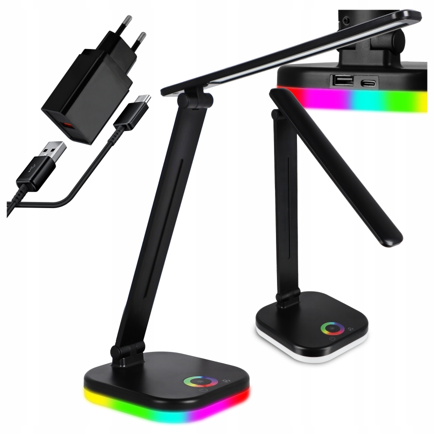 LED RGBW stolna lampa s mogućnošću prigušivanja i bežičnim punjenjem LED/7W/5V USB crna