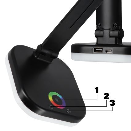 LED RGBW stolna lampa s mogućnošću prigušivanja i bežičnim punjenjem LED/7W/5V USB crna