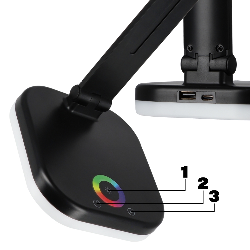 LED RGBW stolna lampa s mogućnošću prigušivanja i bežičnim punjenjem LED/7W/5V USB crna