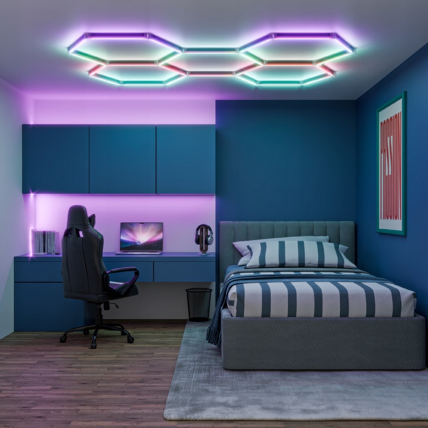 LED RGBW Prigušivo stropno svjetlo HEXAGON LED/144W/85-265V 7000K 205x142 cm CRI 90 IP54 bijela + daljinski upravljač