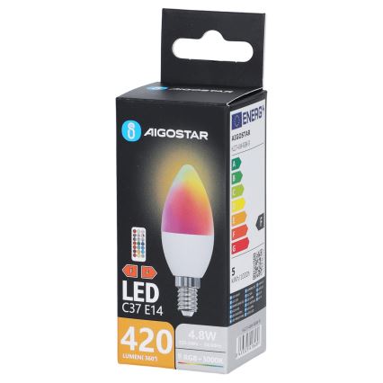 LED RGBW žarulja C37 E14/4,8W/230V 3000K + daljinski upravljač - Aigostar
