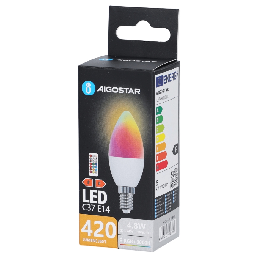 LED RGBW žarulja C37 E14/4,8W/230V 3000K + daljinski upravljač - Aigostar