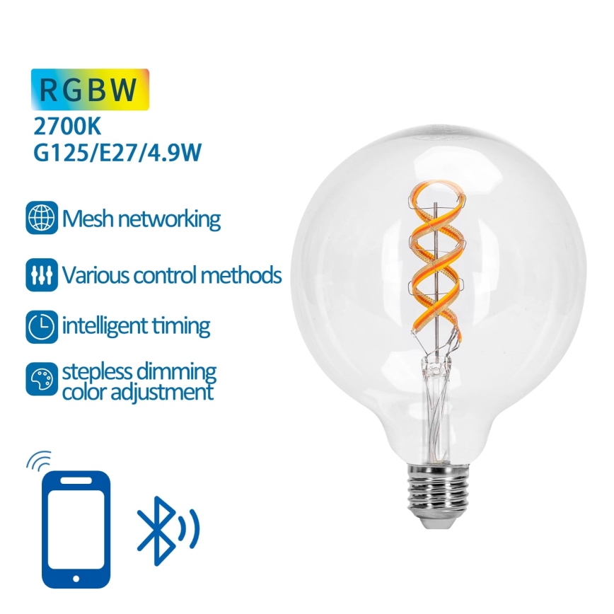 LED RGBW Prigušiva žarulja FILAMENT MESH Smart G125 E27/4,9W/230V 2700K - Aigostar