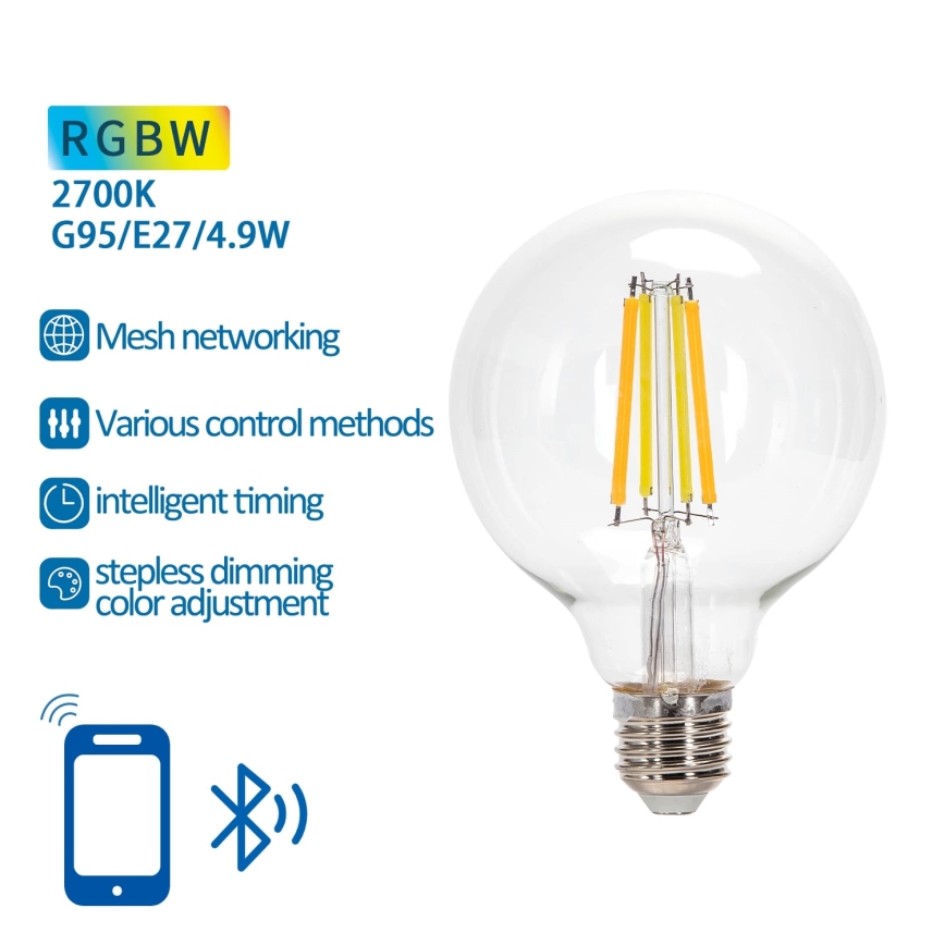 LED RGBW Prigušiva žarulja FILAMENT MESH Smart G95 E27/4,9W/230V 2700K - Aigostar