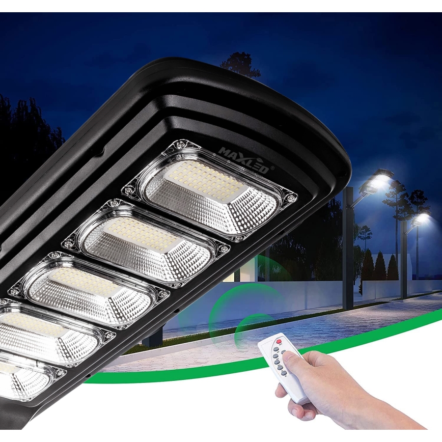LED solarna ulična lampa s prigušivanjem svjetla i senzorom LED/300W/6V 16500 mAh 6500K IP65 crna + daljinski upravljač