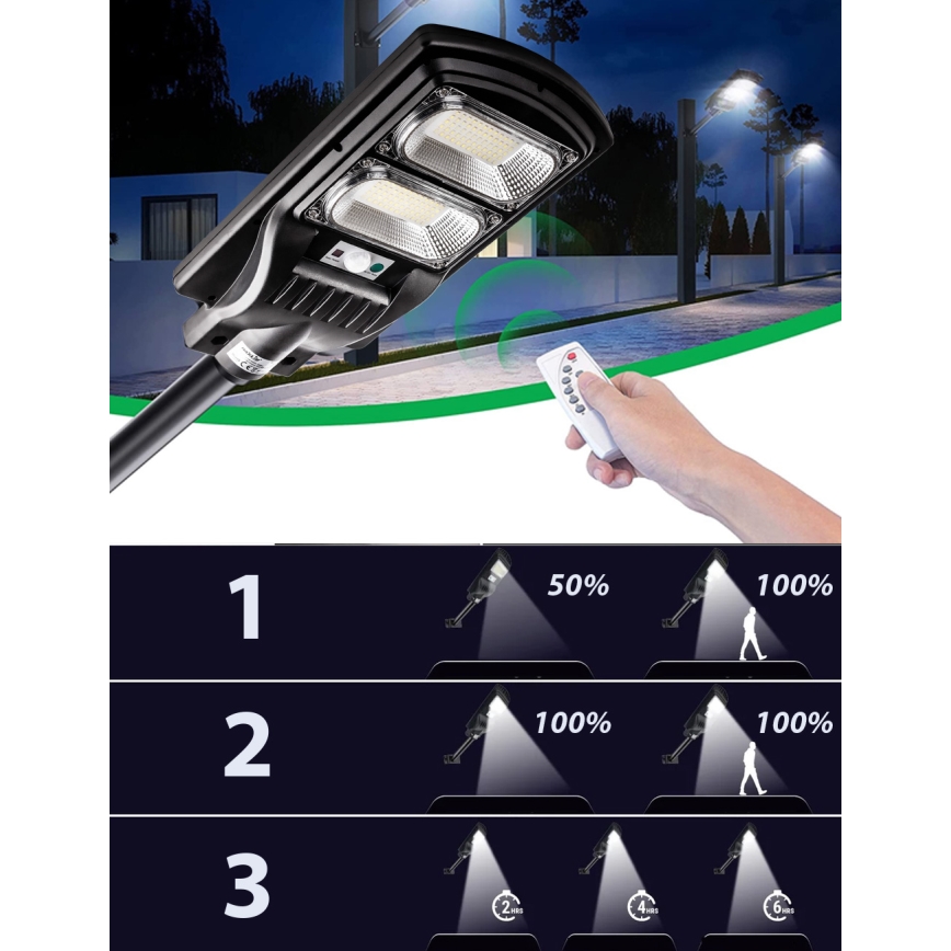 LED Prigušiva solarna ulična svjetiljka sa senzorom LED/120W/6V 6500K IP65 crna + daljinski upravljač