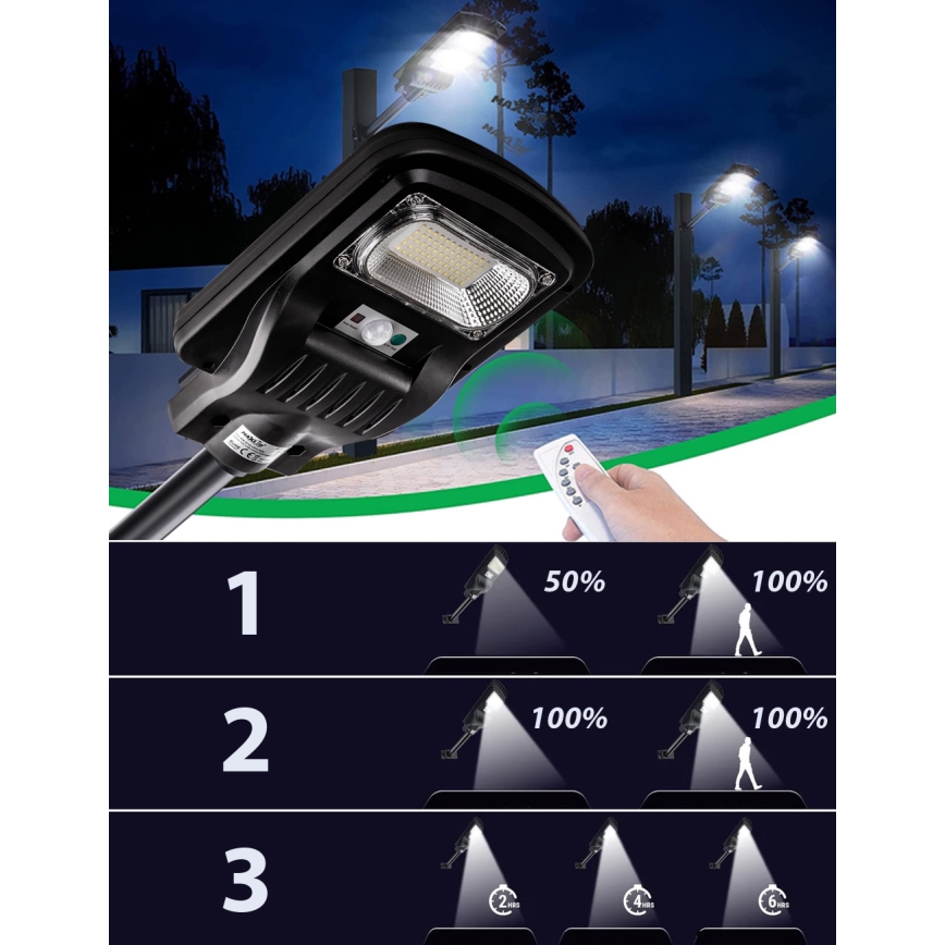 LED Prigušiva solarna ulična svjetiljka sa senzorom LED/150W/6V 6500K IP65 crna + daljinski upravljač