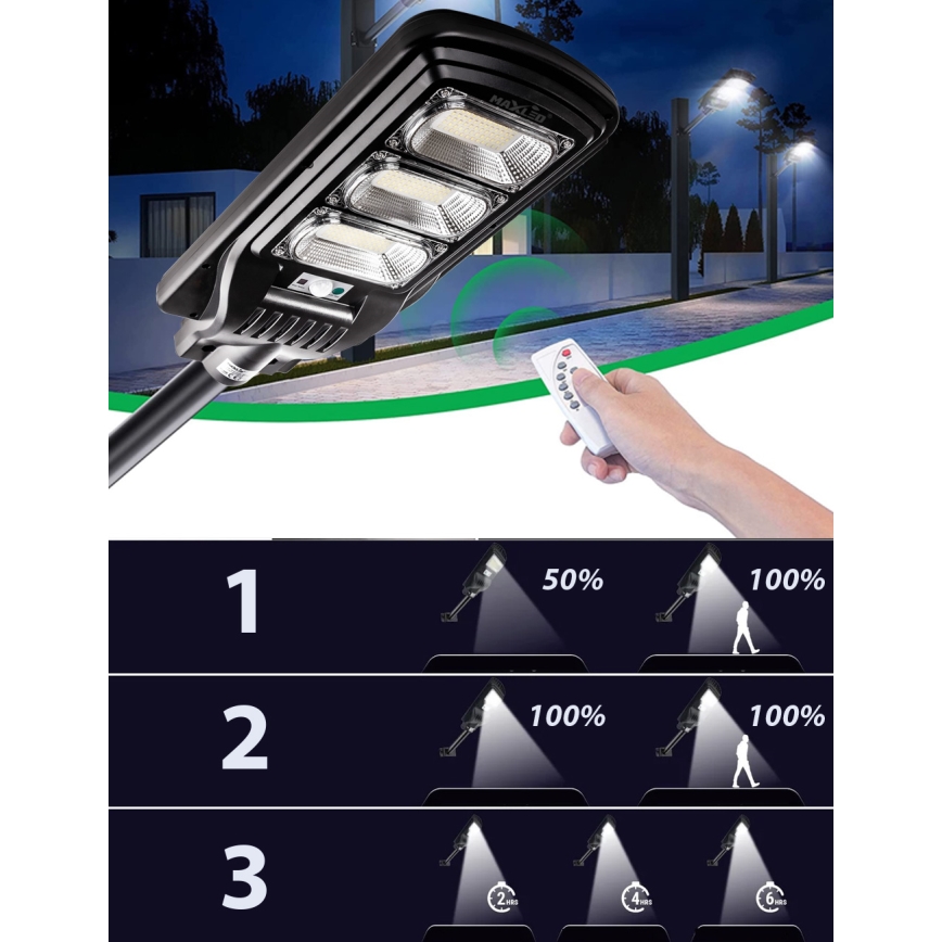 LED Prigušiva solarna ulična svjetiljka sa senzorom LED/180W/6V 6500K IP65 crna + daljinski upravljač