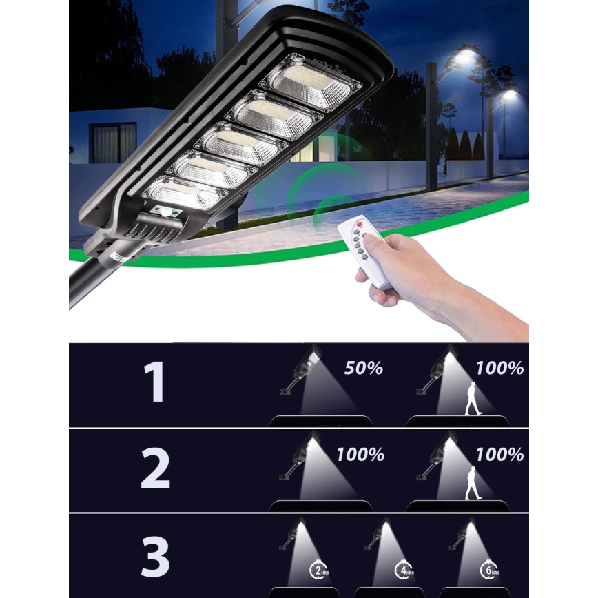 LED Prigušiva solarna ulična svjetiljka sa senzorom LED/300W/6V 6500K IP65 crna + daljinski upravljač