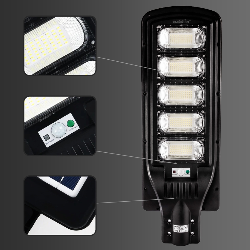 LED Prigušiva solarna ulična svjetiljka sa senzorom LED/300W/6V 6500K IP65 crna + daljinski upravljač