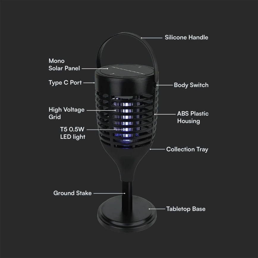 LED Solarna zamka za insekte 3u1 LED/1,3W/3,7V IP24 20 m² 2200 mAh