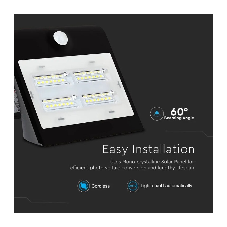 LED Solarna zidna svjetiljka sa senzorom LED/3W/3,7V 3000/4000K IP65 2000 mAh crna