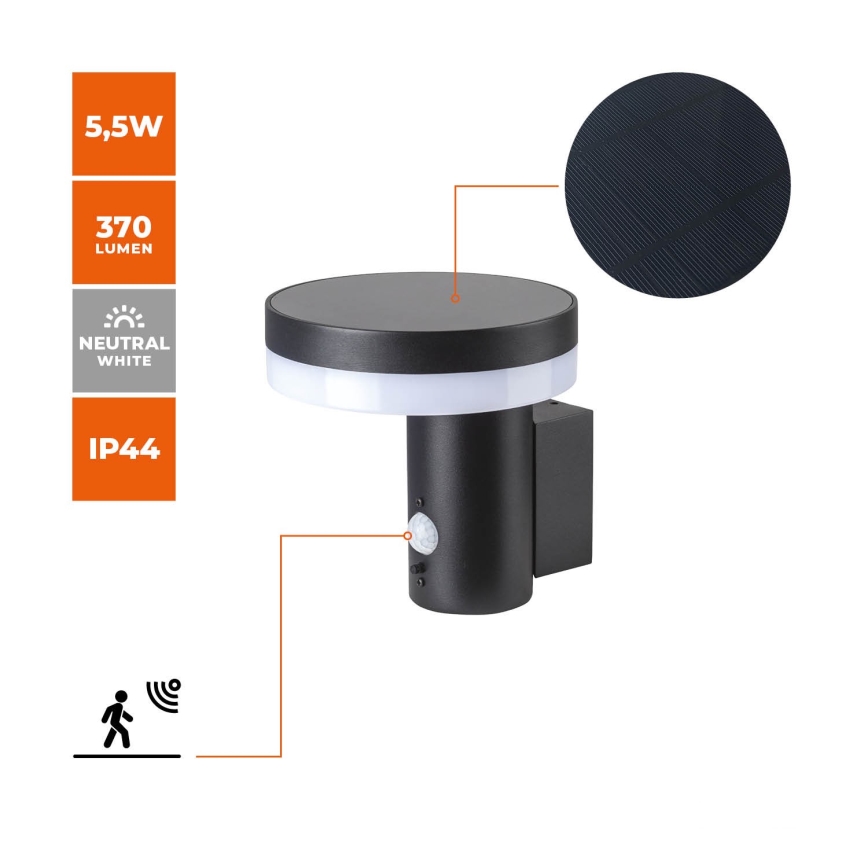 LED solarna zidna svjetiljka sa senzorom SOLARIS3 LED/5,5W/3,7V 4000K IP44 2600 mAh