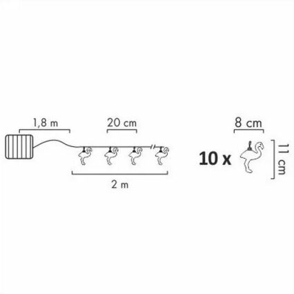 LED Solarni dekorativni lanac 10xLED/1,2V 300 mAh 3,8 m IP44 flamingo