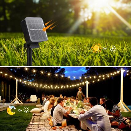 LED solarni dekorativni lanac 20 x LED / 8 funkcija, 500 mAh, 7,6 m, IP67, topla bijela
