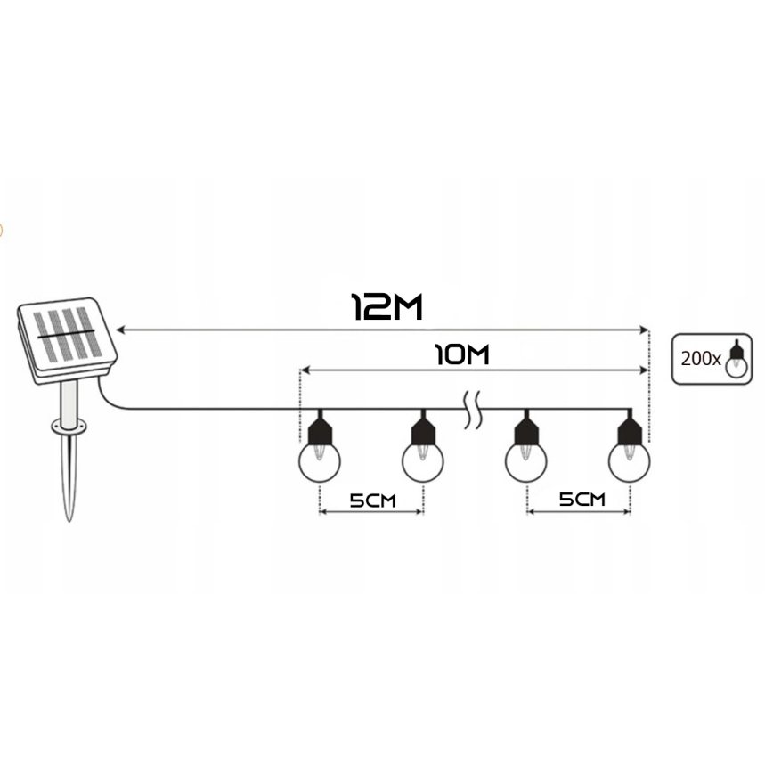 LED solarni dekorativni lanac 200xLED/1,2V 800 mAh 12 m IP44 crna