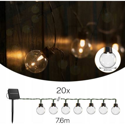 LED solarni dekorativni lanac 20xLED/8 funkcija 500 mAh 7,6 m IP67 topla bijela