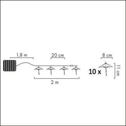 LED Solarni lanac 10xLED/1,2V 300 mAh 3,8 m IP44 kišobrane