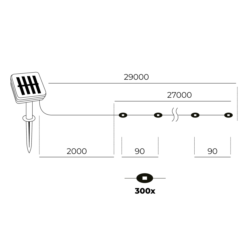 LED - Solarni lanac 300xLED/0,12W/1,2V 1xAA 27 m IP44 3000K 800 mAh