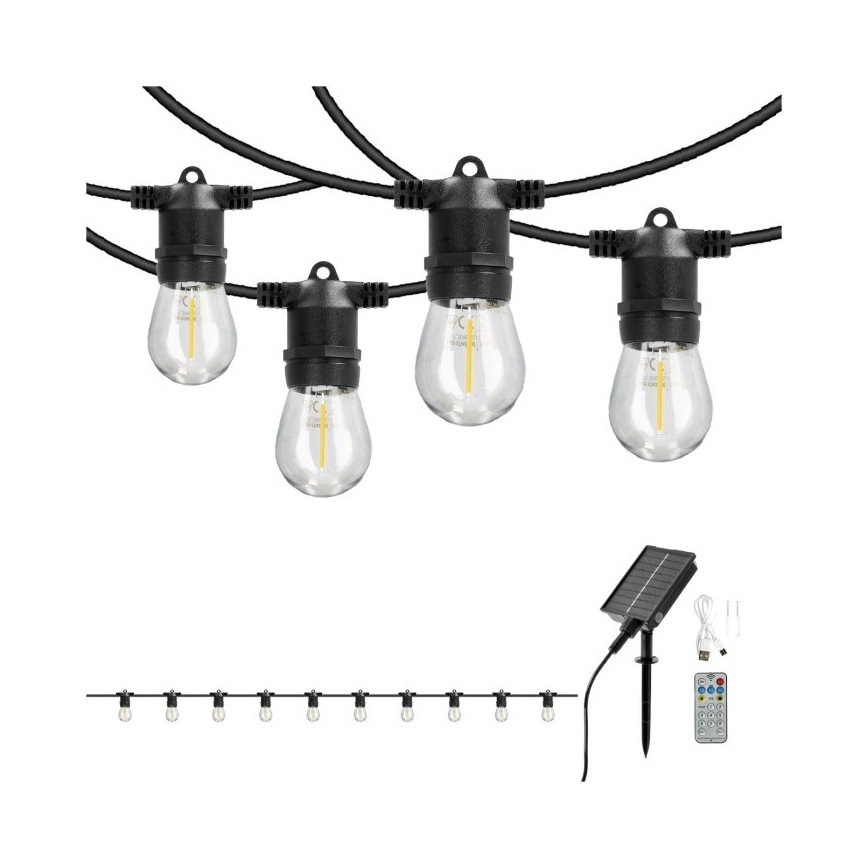 LED s mogućnošću prigušivanja solarni dekorativni niz STARLIGHT NEO 10xE27/3,7V 2700K IP54 1200 mAh 11,5m + daljinski upravljač