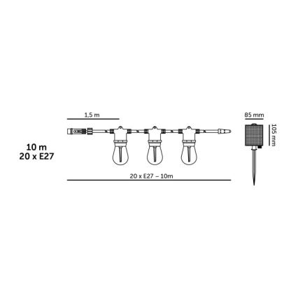 LED solarni dekorativni lanac s mogućnošću prigušivanja STARLIGHT NEO 20xE27/3,7V 2700K IP54 1200 mAh 11,5m + daljinski upravljač