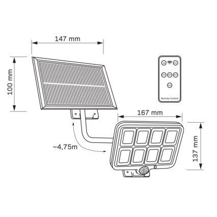 LED Solarni reflektor sa senzorom INTEGRA LED/3W/3,7V IP44 + daljinski upravljač