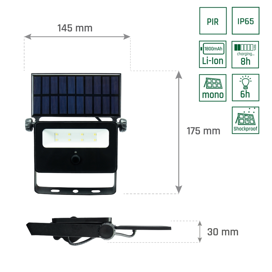 LED Solarni reflektor sa senzorom NOCTIS LED/2W/1800 mAh 3,7V 6000K IP65