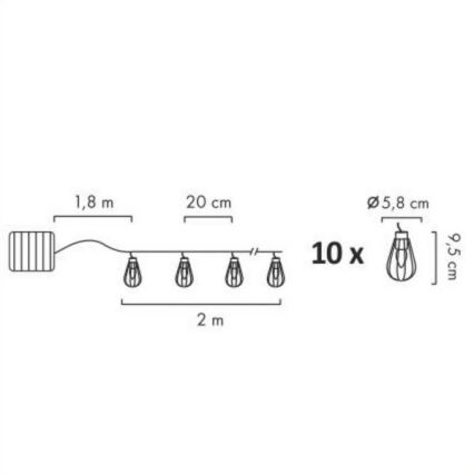 LED Solarni vanjski lanac 10xLED/1,2V 300 mAh 3,8 m IP44
